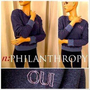 n:PHILANTHROPY OUI “YES” HEATHERED NAVY TERRY SWEARSHIRT SMALL